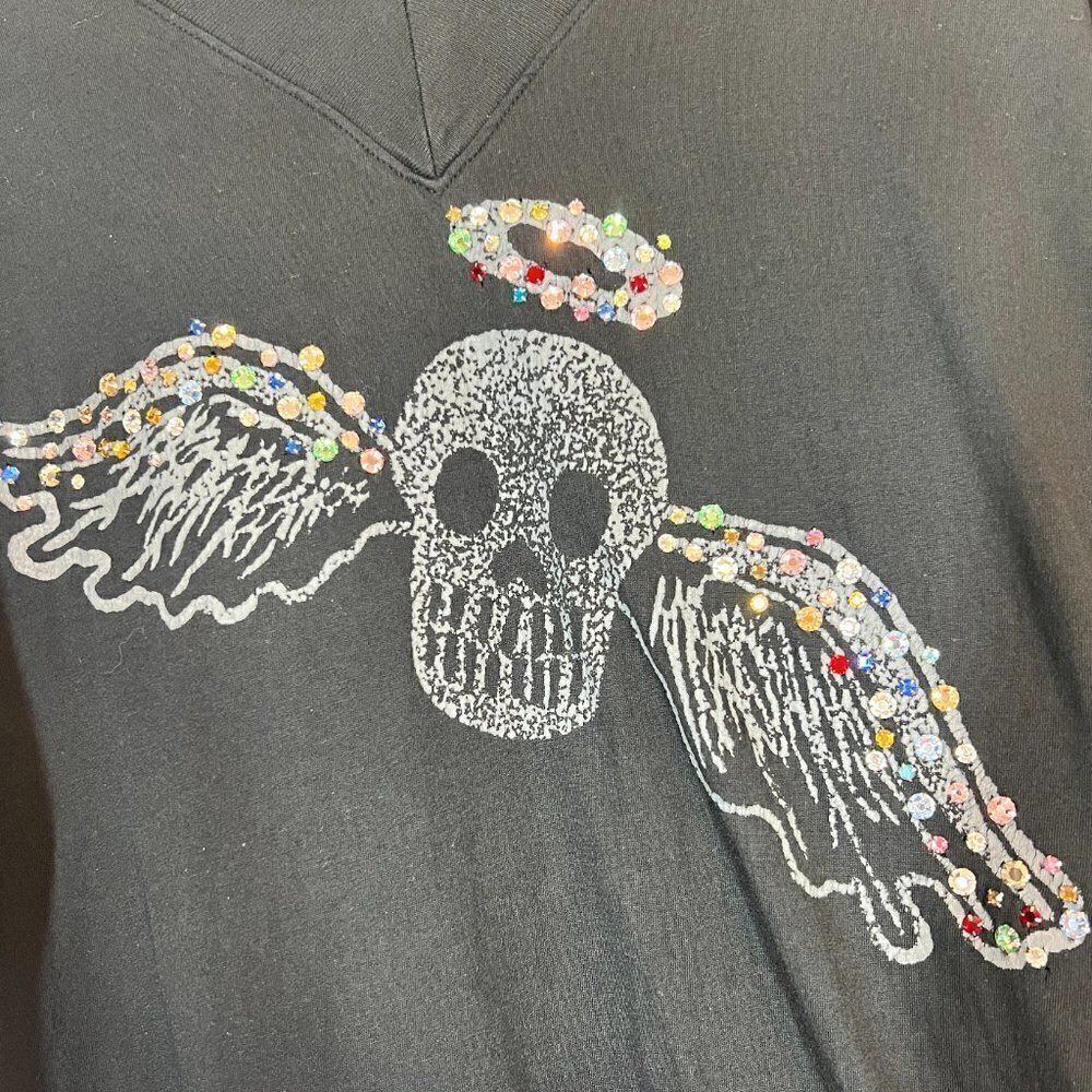 Vintage T-shirt Top Y2K Black Skull Rhinestone Long Sleeve Medium - Picture 5 of 9